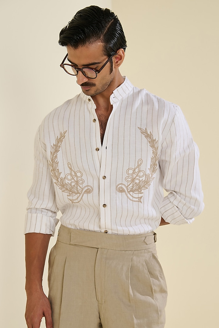 Ivory Linen Embroidered Striped Wedding Shirt by S&N by Shantnu Nikhil Men at Pernia's Pop Up Shop