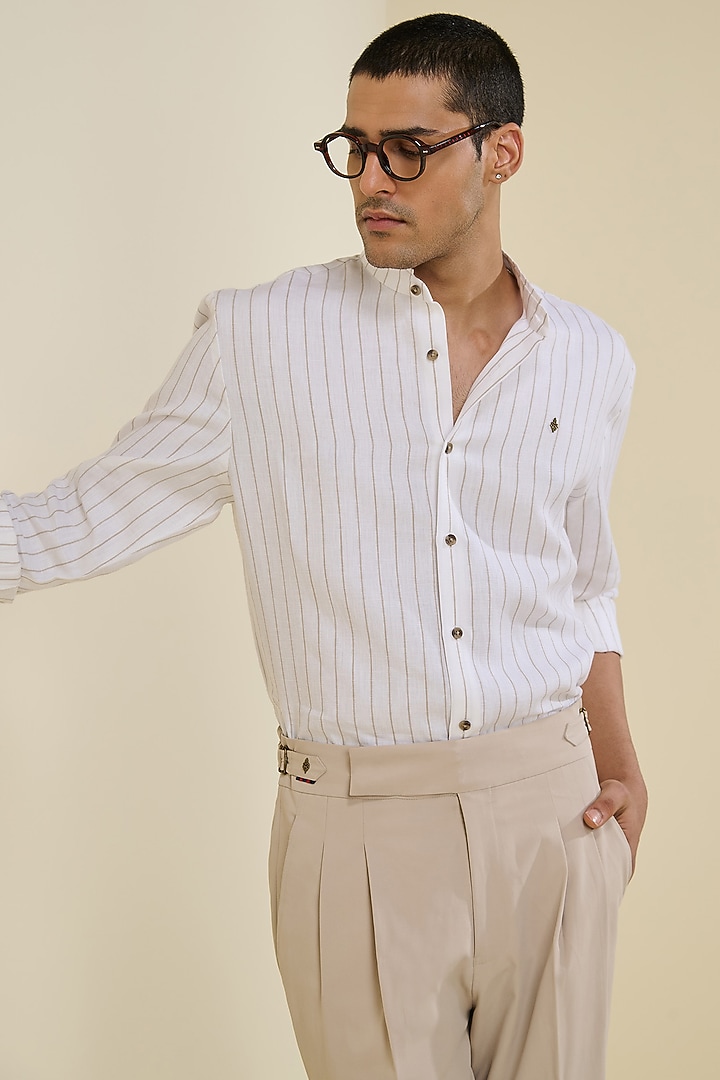 Ivory Linen Striped Wedding Shirt by S&N by Shantnu Nikhil Men at Pernia's Pop Up Shop
