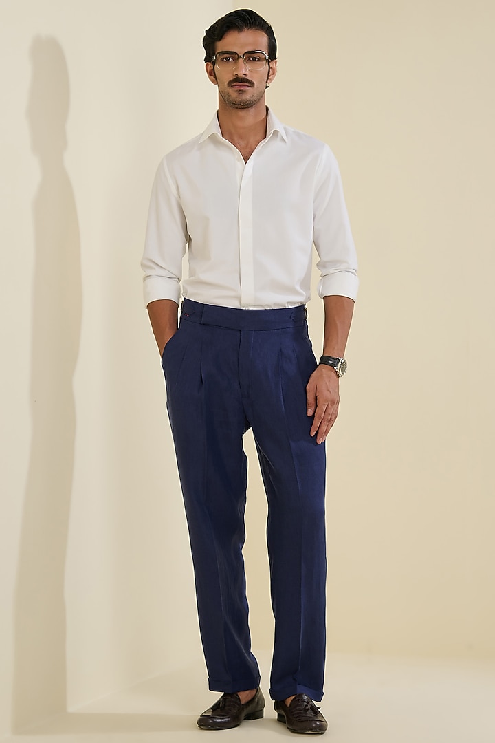 Navy Linen Trousers by S&N by Shantnu Nikhil Men at Pernia's Pop Up Shop