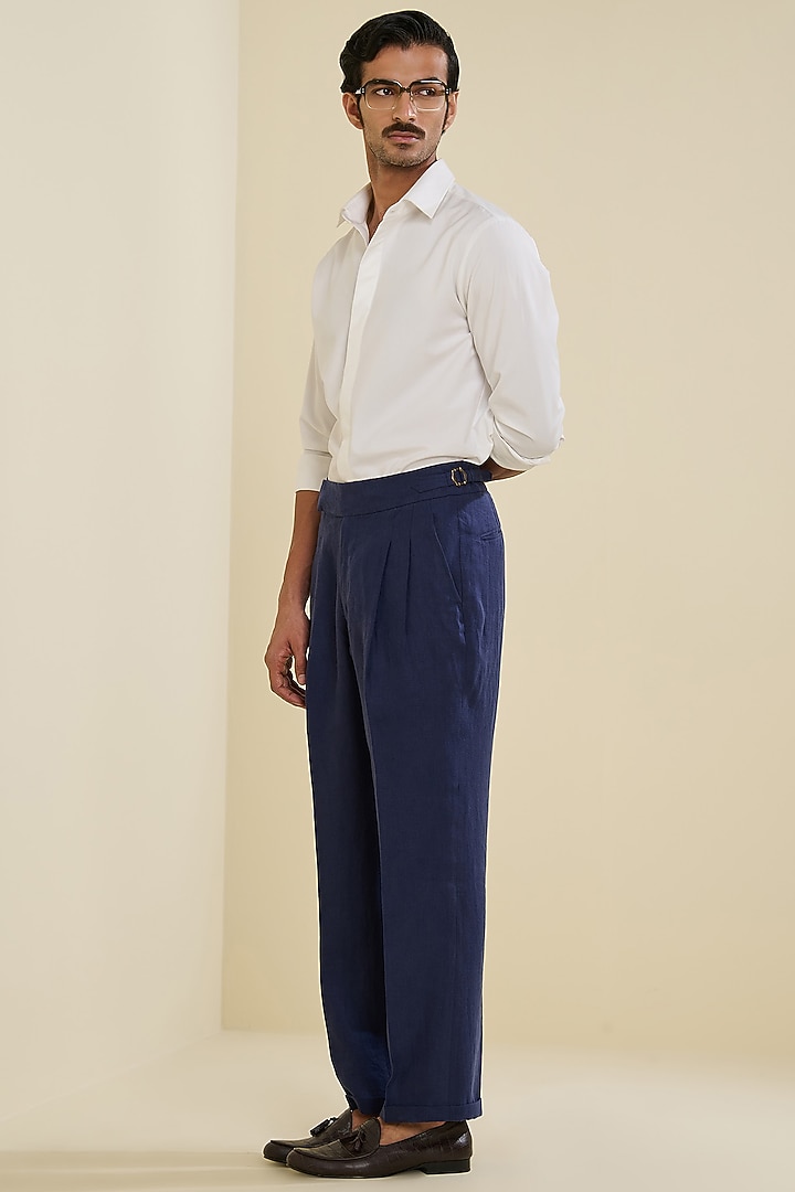 Navy Linen Trousers by S&N by Shantnu Nikhil Men at Pernia's Pop Up Shop