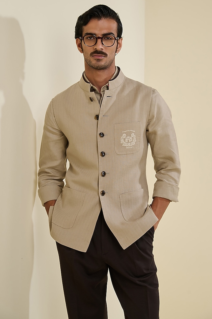 Beige Linen Waistcoat by S&N by Shantnu Nikhil Men at Pernia's Pop Up Shop