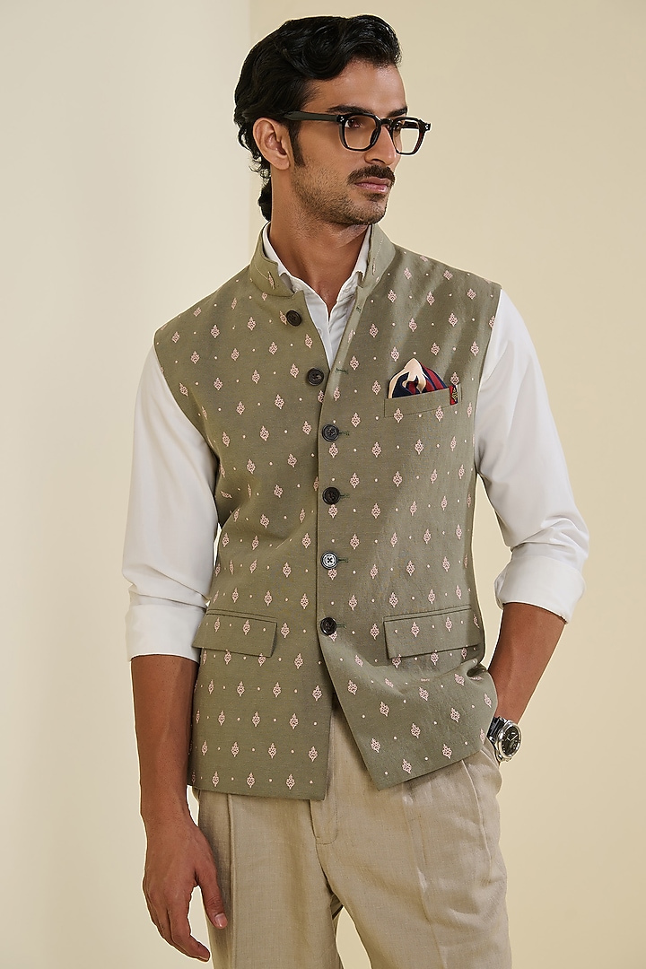 Muted Sage Linen Waistcoat by S&N by Shantnu Nikhil Men at Pernia's Pop Up Shop