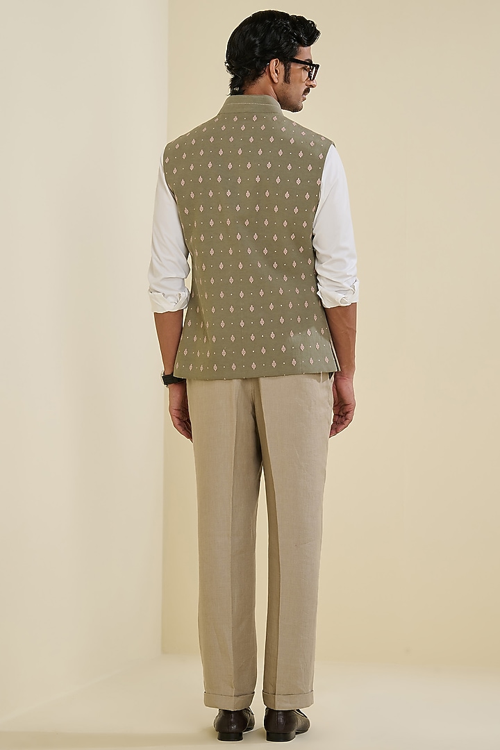 Muted Sage Linen Waistcoat by S&N by Shantnu Nikhil Men at Pernia's Pop Up Shop