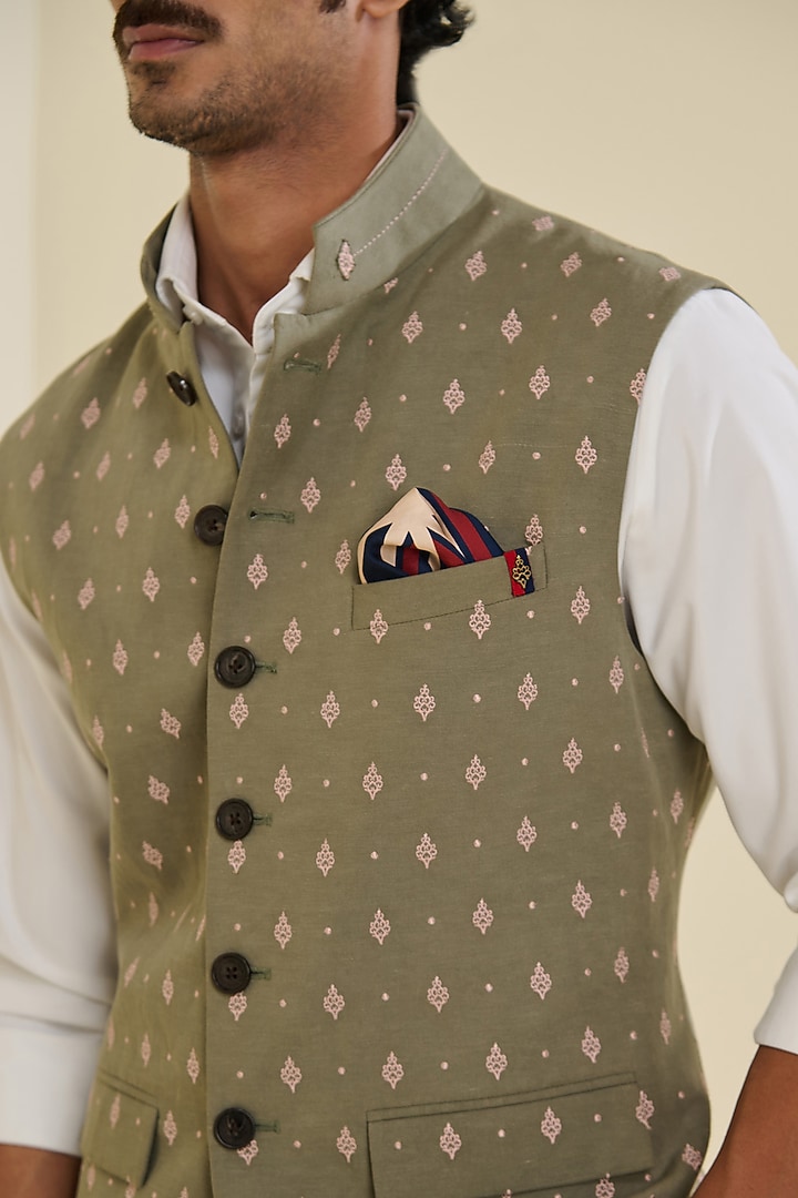 Muted Sage Linen Waistcoat by S&N by Shantnu Nikhil Men at Pernia's Pop Up Shop