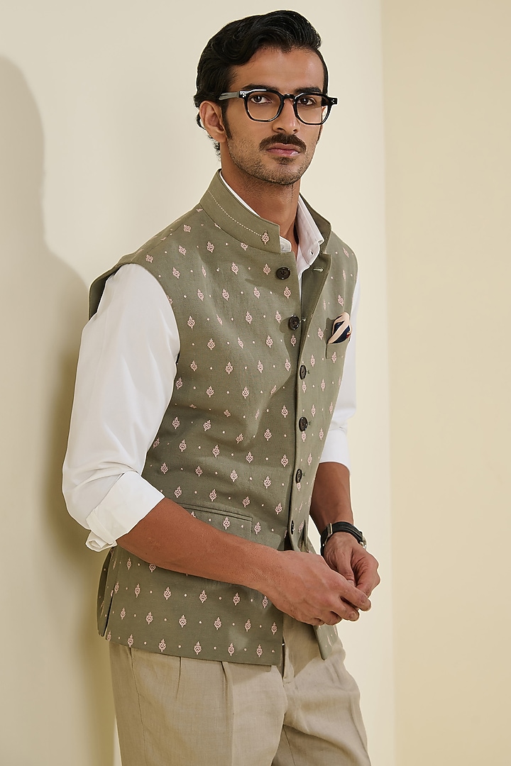 Muted Sage Linen Waistcoat by S&N by Shantnu Nikhil Men at Pernia's Pop Up Shop