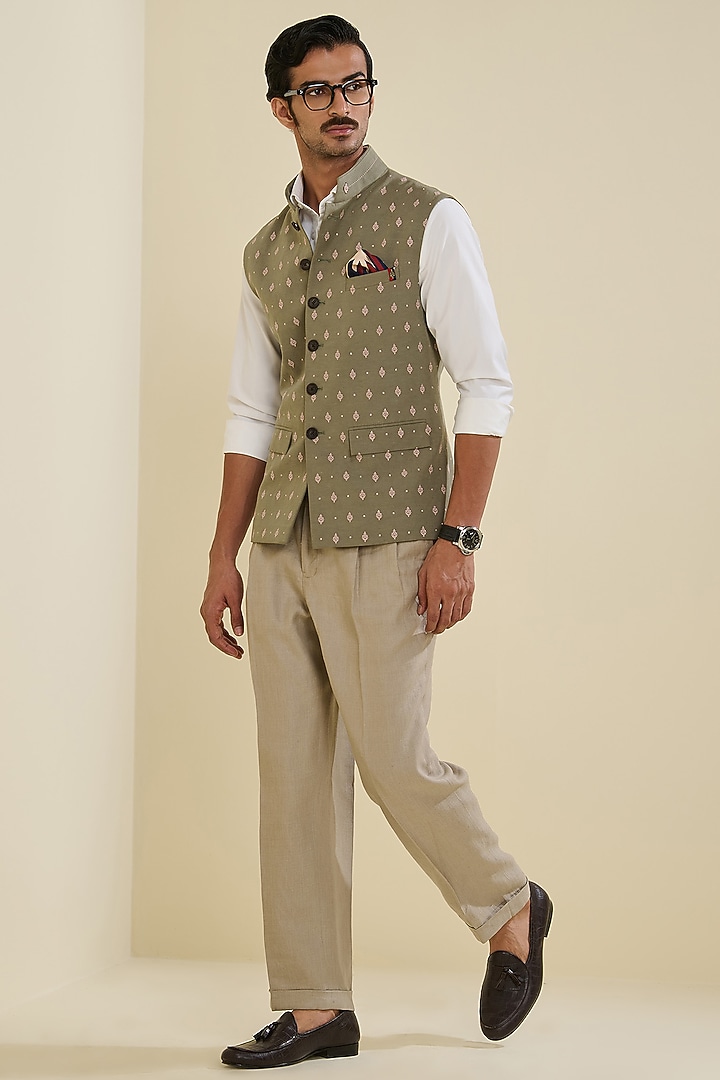 Muted Sage Linen Waistcoat by S&N by Shantnu Nikhil Men at Pernia's Pop Up Shop