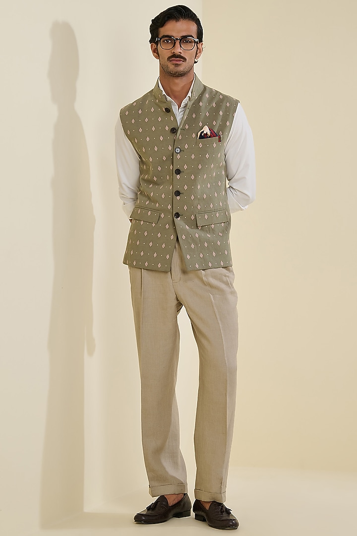 Muted Sage Linen Waistcoat by S&N by Shantnu Nikhil Men at Pernia's Pop Up Shop