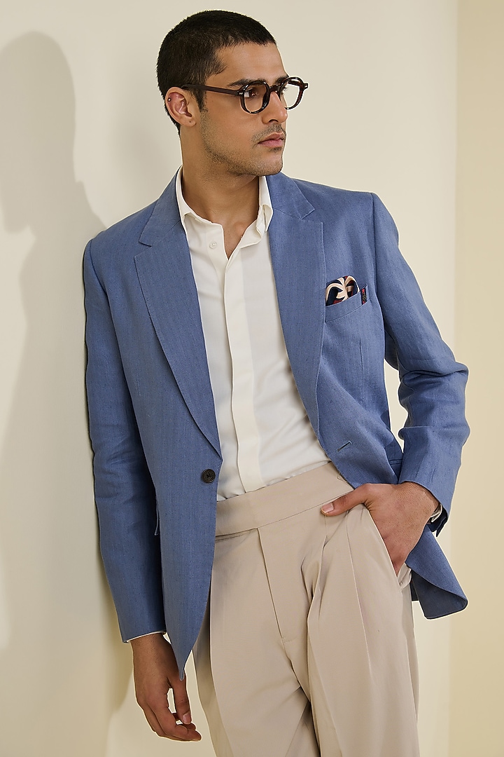 Denim Blue Linen Jacket by S&N by Shantnu Nikhil Men at Pernia's Pop Up Shop