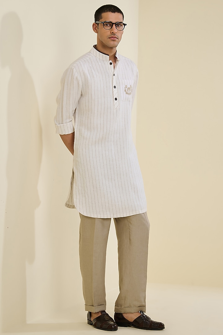 Off-White Linen Striped Kurta by S&N by Shantnu Nikhil Men at Pernia's Pop Up Shop