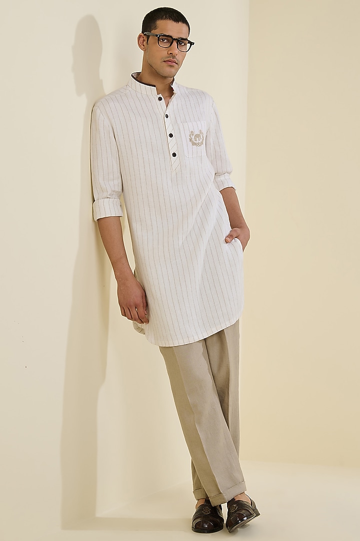 Off-White Linen Striped Kurta by S&N by Shantnu Nikhil Men at Pernia's Pop Up Shop