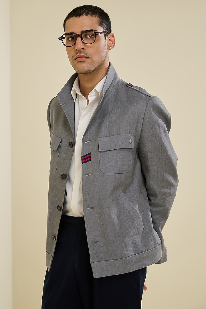 Grey Linen Safari Jacket by S&N by Shantnu Nikhil Men at Pernia's Pop Up Shop