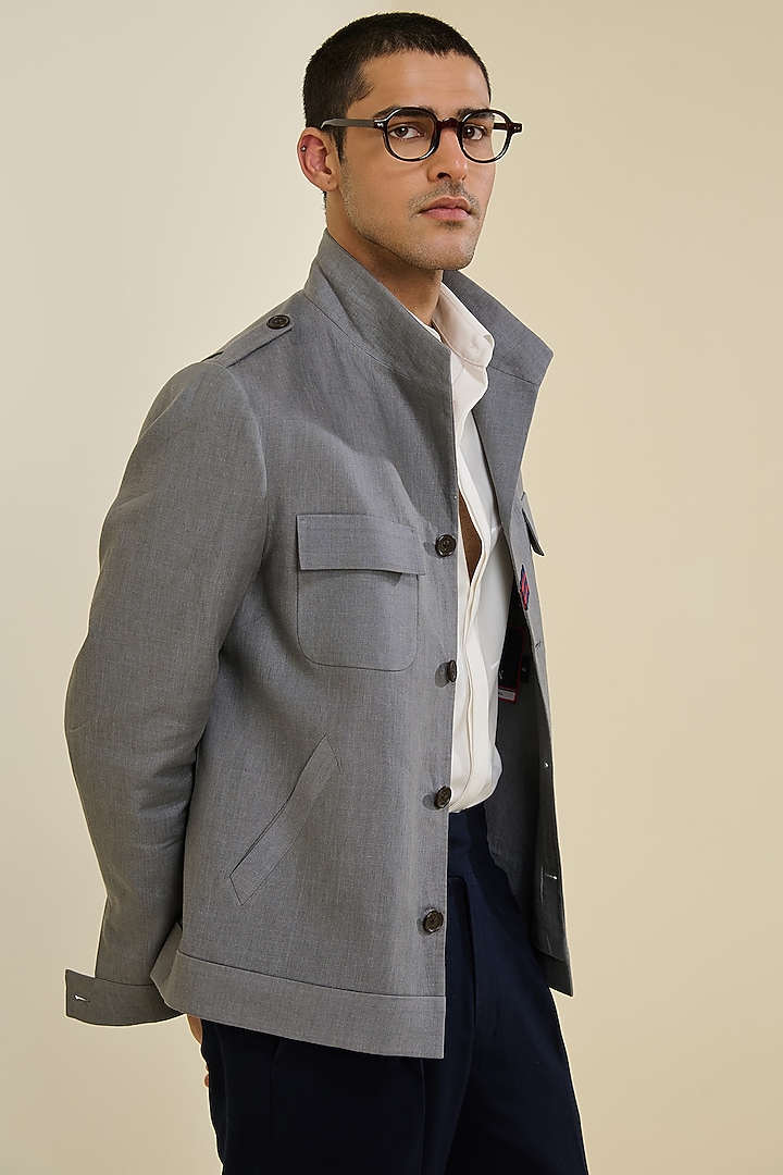 Grey Linen Safari Jacket by S&N by Shantnu Nikhil Men at Pernia's Pop Up Shop