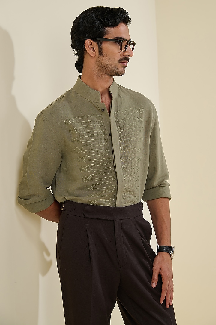 Sage Linen Wedding Shirt by S&N by Shantnu Nikhil Men at Pernia's Pop Up Shop
