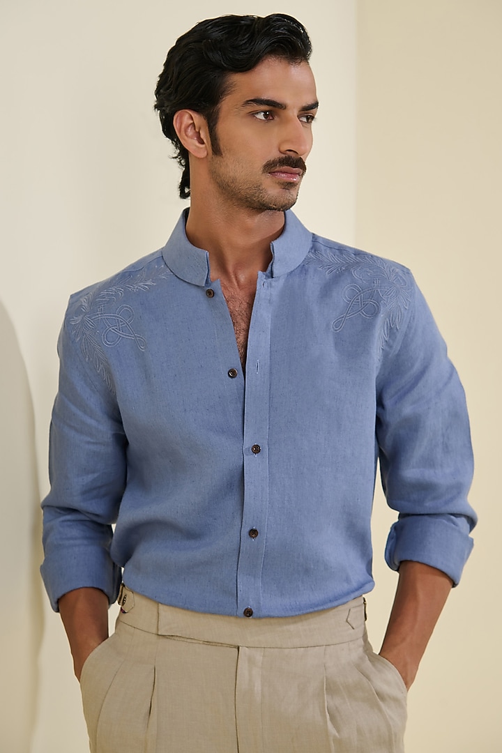 Denim Blue Linen Wedding Shirt by S&N by Shantnu Nikhil Men at Pernia's Pop Up Shop