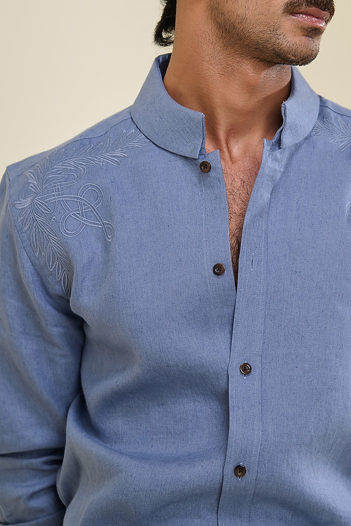 Denim Blue Linen Wedding Shirt by S&N by Shantnu Nikhil Men at Pernia's Pop Up Shop