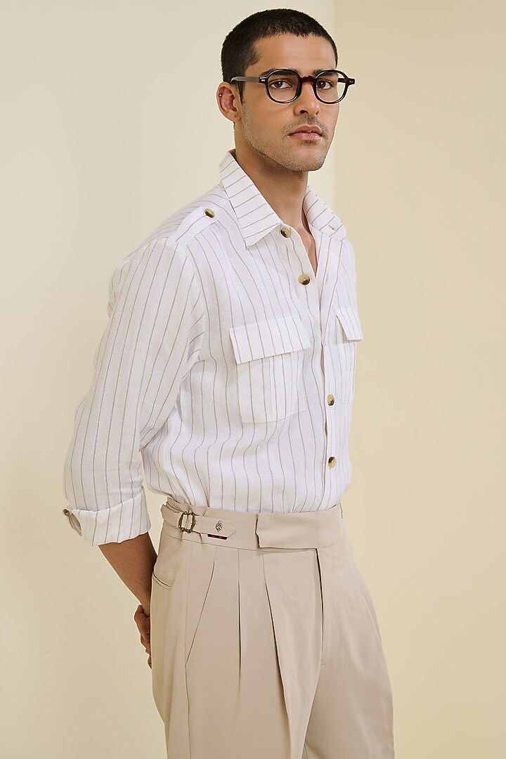 Off-White Linen Pinstripe Wedding Shirt by S&N by Shantnu Nikhil Men at Pernia's Pop Up Shop