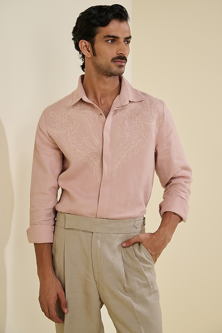 Blush Pink Linen Embroidered Wedding Shirt by S&N by Shantnu Nikhil Men at Pernia's Pop Up Shop