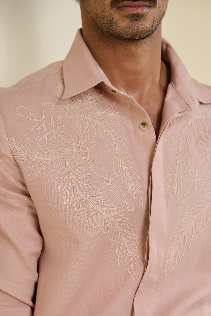 Blush Pink Linen Embroidered Wedding Shirt by S&N by Shantnu Nikhil Men at Pernia's Pop Up Shop
