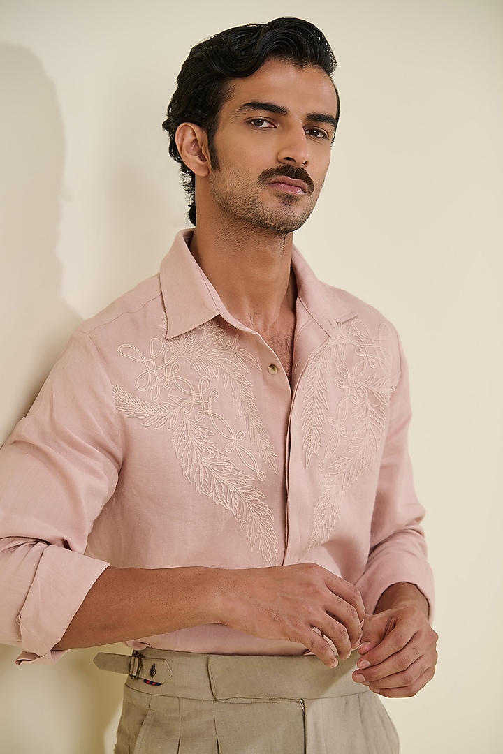 Blush Pink Linen Embroidered Wedding Shirt by S&N by Shantnu Nikhil Men at Pernia's Pop Up Shop
