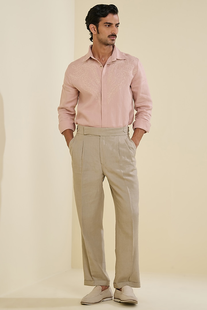 Blush Pink Linen Embroidered Wedding Shirt by S&N by Shantnu Nikhil Men at Pernia's Pop Up Shop