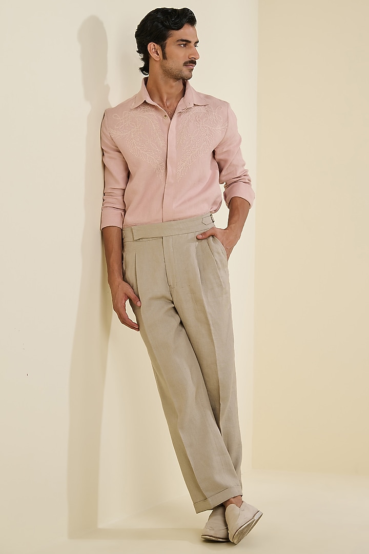 Blush Pink Linen Embroidered Wedding Shirt by S&N by Shantnu Nikhil Men at Pernia's Pop Up Shop