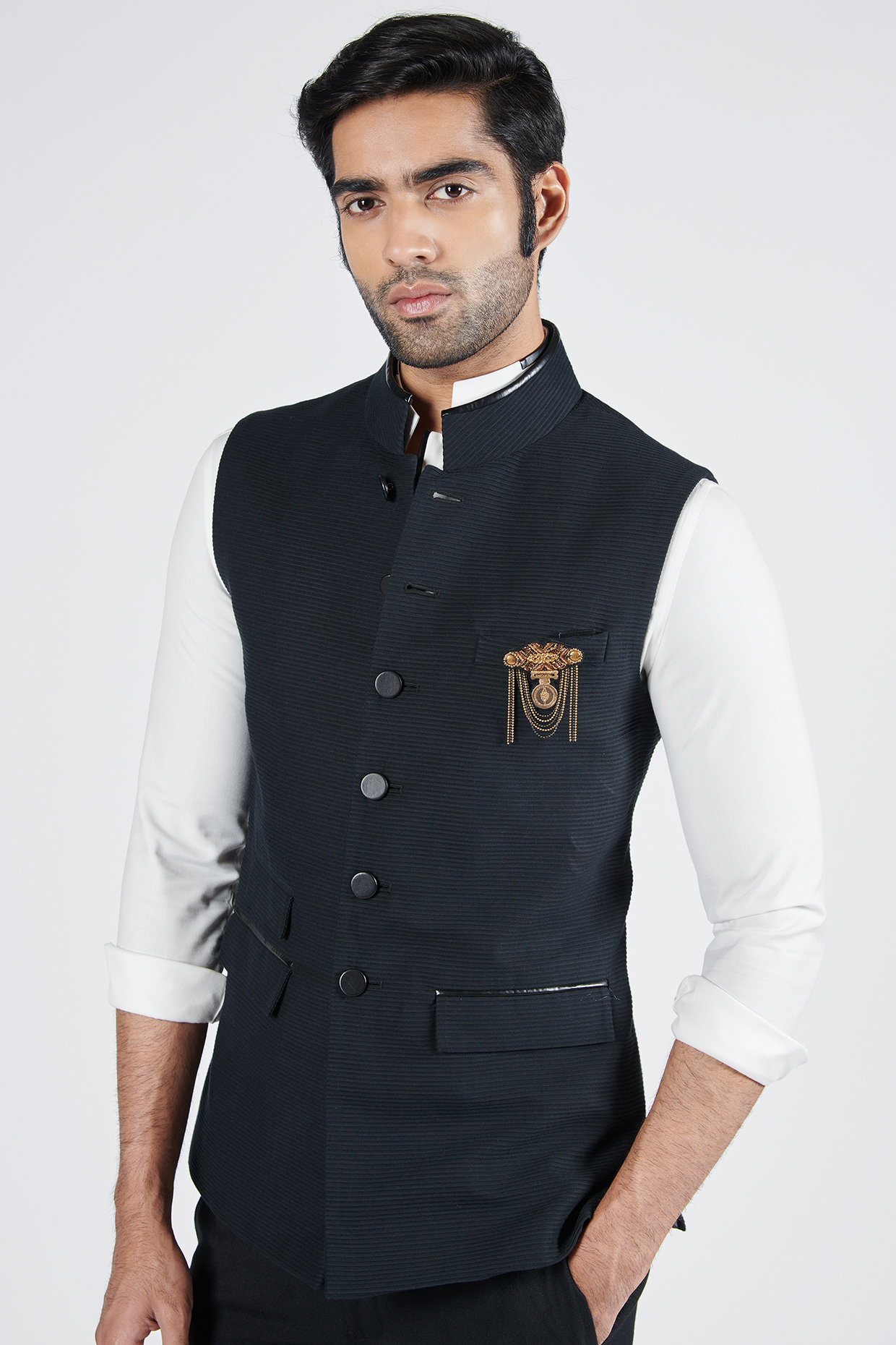 Black Cotton Pleated Textured Waistcoat by S&N by Shantnu Nikhil Men