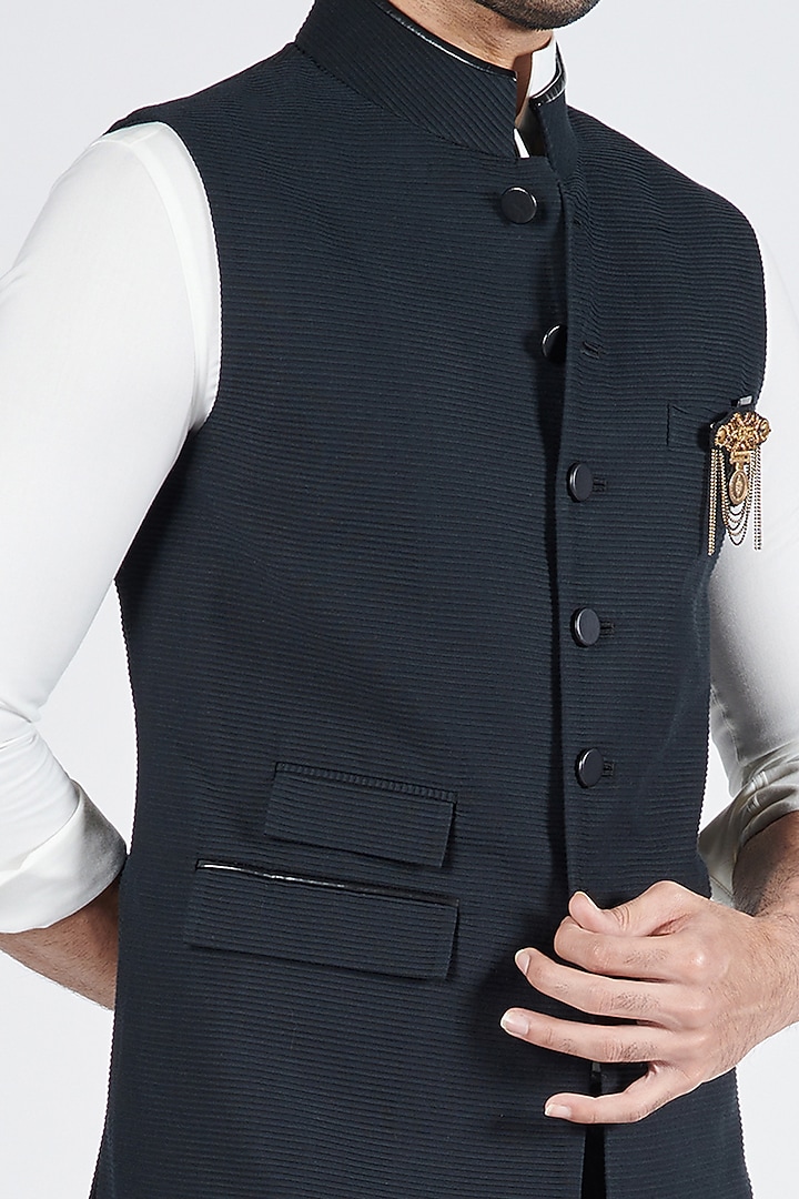 Black Cotton Pleated Textured Waistcoat by S&N by Shantnu Nikhil Men at Pernia's Pop Up Shop