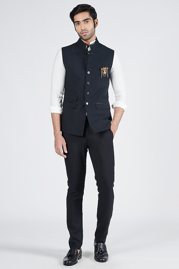 Black Cotton Pleated Textured Waistcoat by S&N by Shantnu Nikhil Men at Pernia's Pop Up Shop
