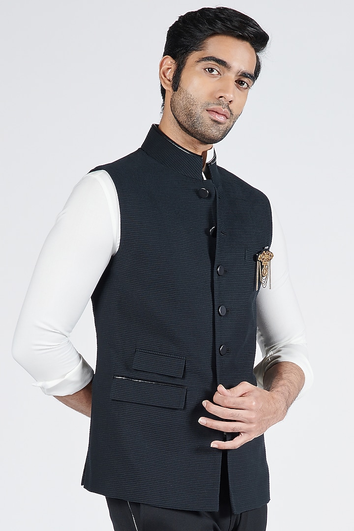 Black Cotton Pleated Textured Waistcoat by S&N by Shantnu Nikhil Men at Pernia's Pop Up Shop