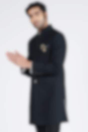 Black Cotton Pleated Textured Wedding Sherwani by S&N by Shantnu Nikhil Men at Pernia's Pop Up Shop