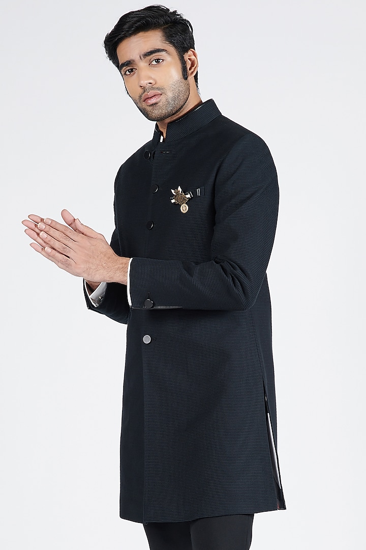 Black Cotton Pleated Textured Wedding Sherwani by S&N by Shantnu Nikhil Men at Pernia's Pop Up Shop