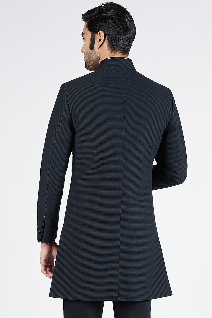 Black Cotton Pleated Textured Wedding Sherwani by S&N by Shantnu Nikhil Men at Pernia's Pop Up Shop