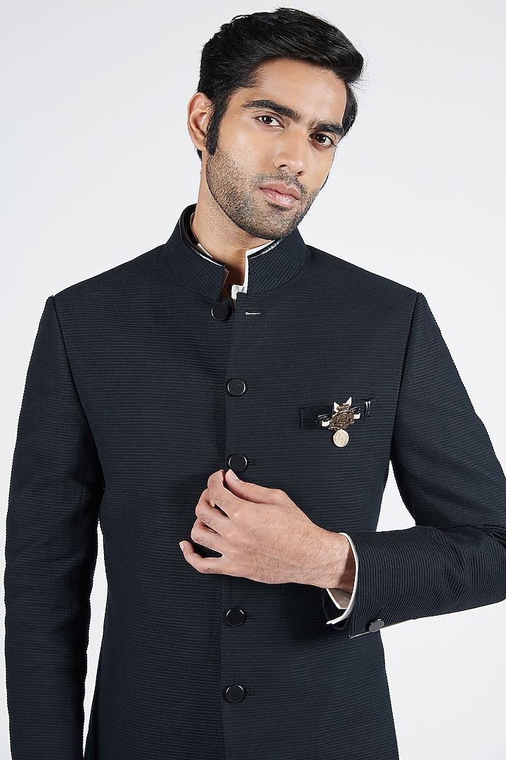 Black Cotton Pleated Textured Wedding Sherwani by S&N by Shantnu Nikhil Men at Pernia's Pop Up Shop