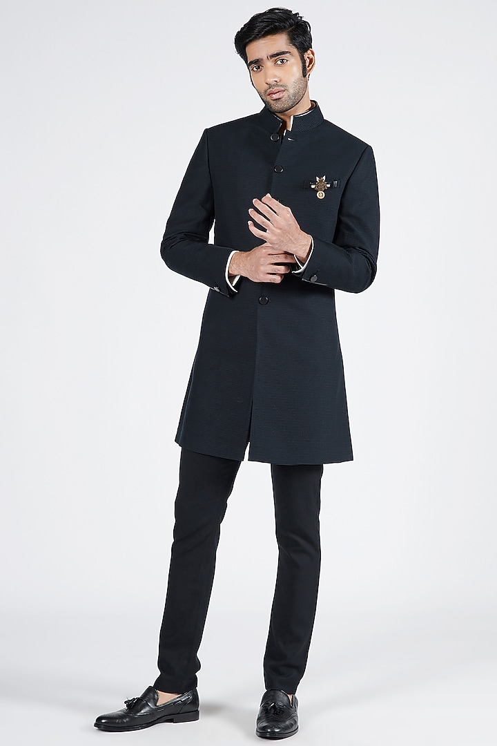 Black Cotton Pleated Textured Wedding Sherwani by S&N by Shantnu Nikhil Men at Pernia's Pop Up Shop