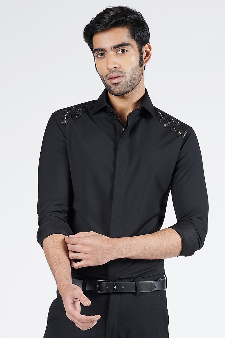 Black Suiting Terylene Shirt by S&N by Shantnu Nikhil Men