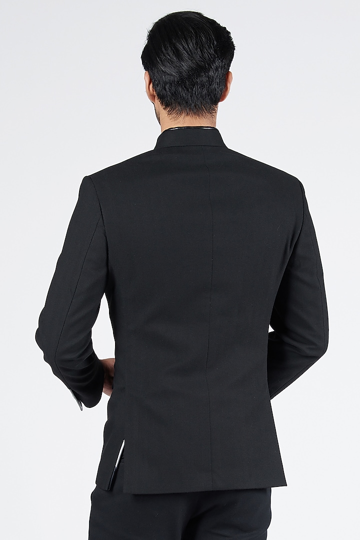 Black Poly Spandex Suiting Wedding Bandhgala Jacket by S&N by Shantnu Nikhil Men at Pernia's Pop Up Shop