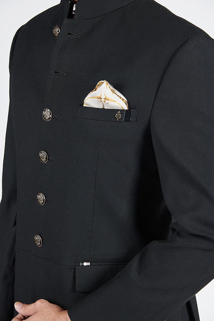 Black Poly Spandex Suiting Wedding Bandhgala Jacket by S&N by Shantnu Nikhil Men at Pernia's Pop Up Shop