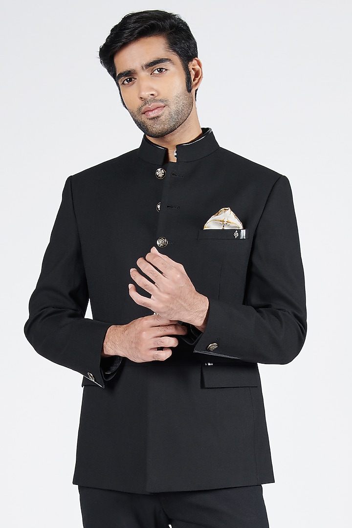 Black Poly Spandex Suiting Wedding Bandhgala Jacket by S&N by Shantnu Nikhil Men at Pernia's Pop Up Shop