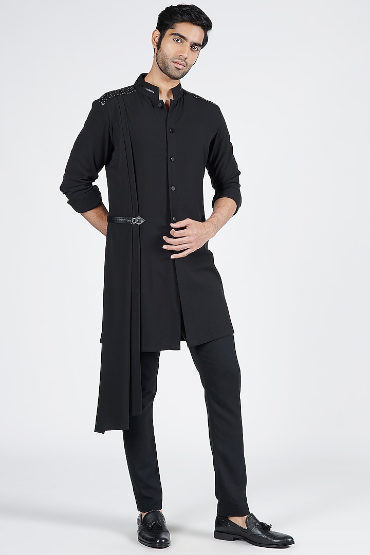 Black Suiting Brushed Draped Shirt Kurta by S&N by Shantnu Nikhil Men at Pernia's Pop Up Shop