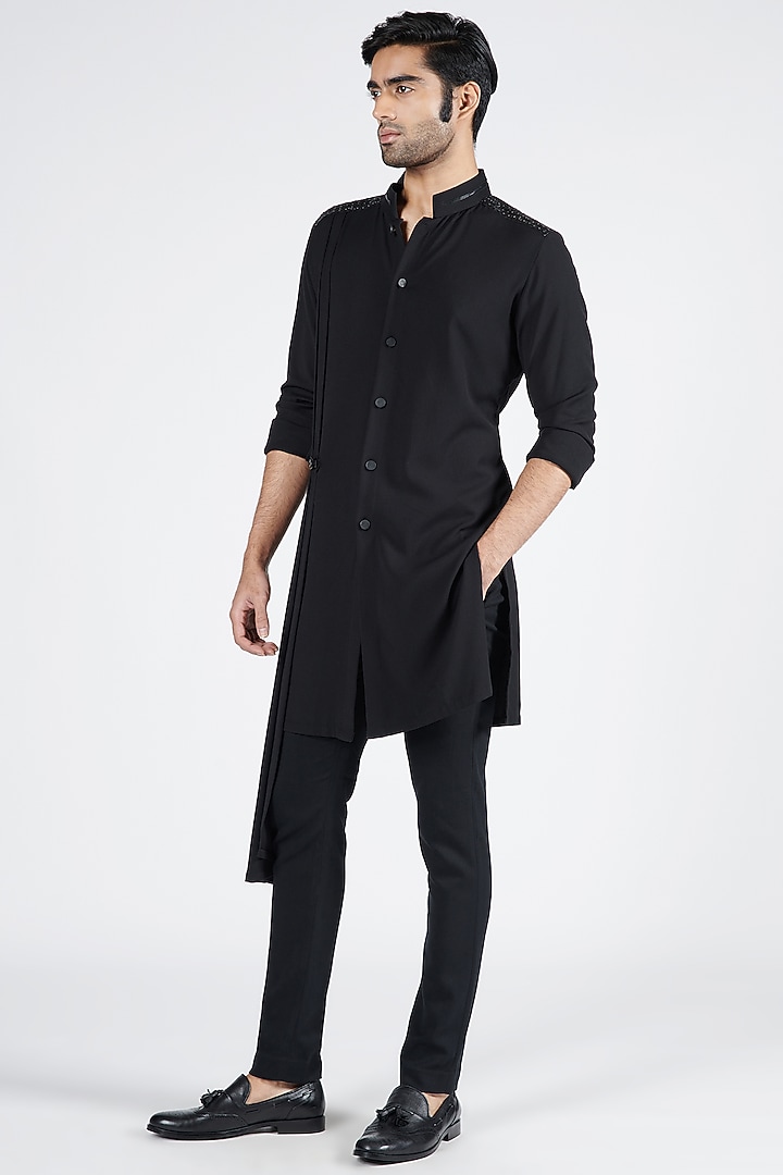 Black Suiting Brushed Draped Shirt Kurta by S&N by Shantnu Nikhil Men at Pernia's Pop Up Shop
