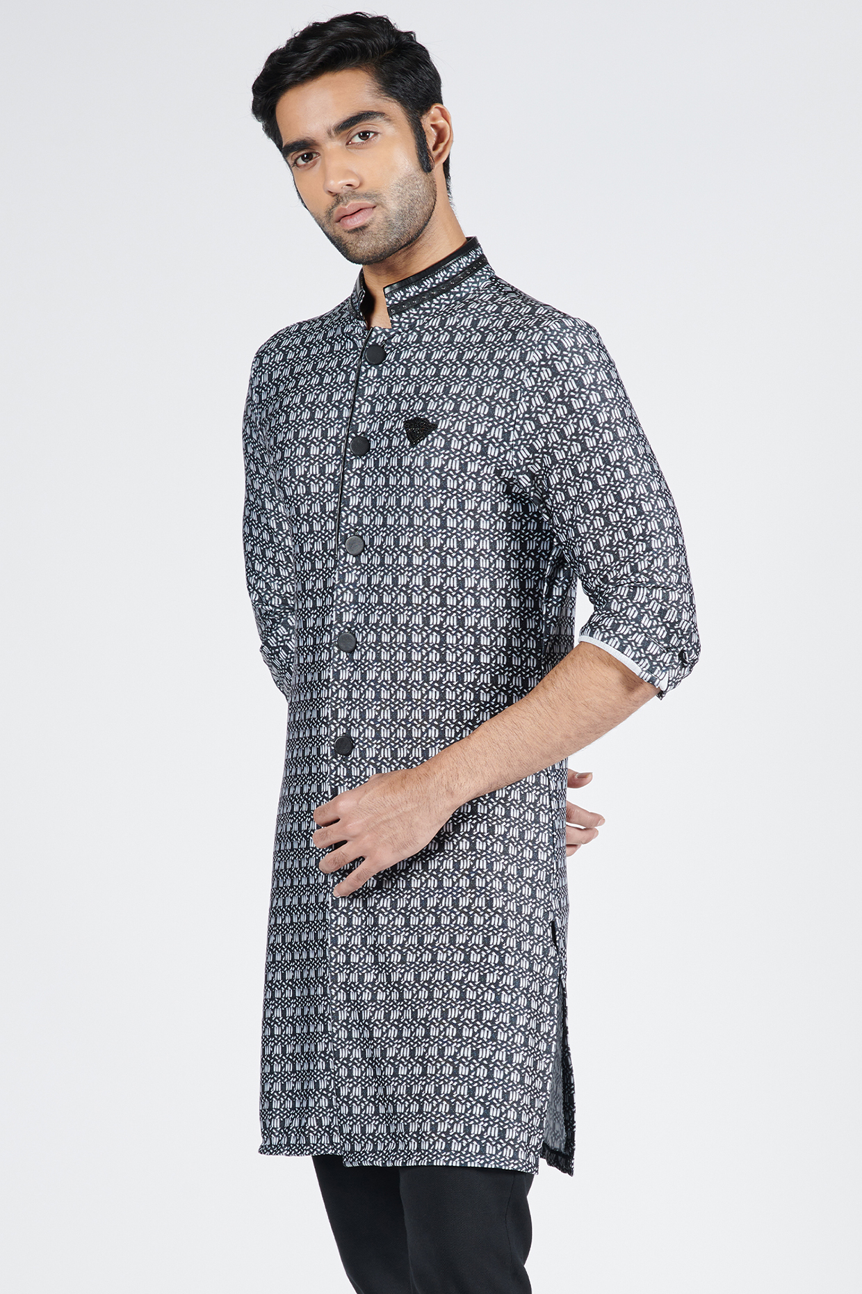 Black Poly Spandex Printed Kurta by S&N by Shantnu Nikhil Men at Pernia's Pop Up Shop