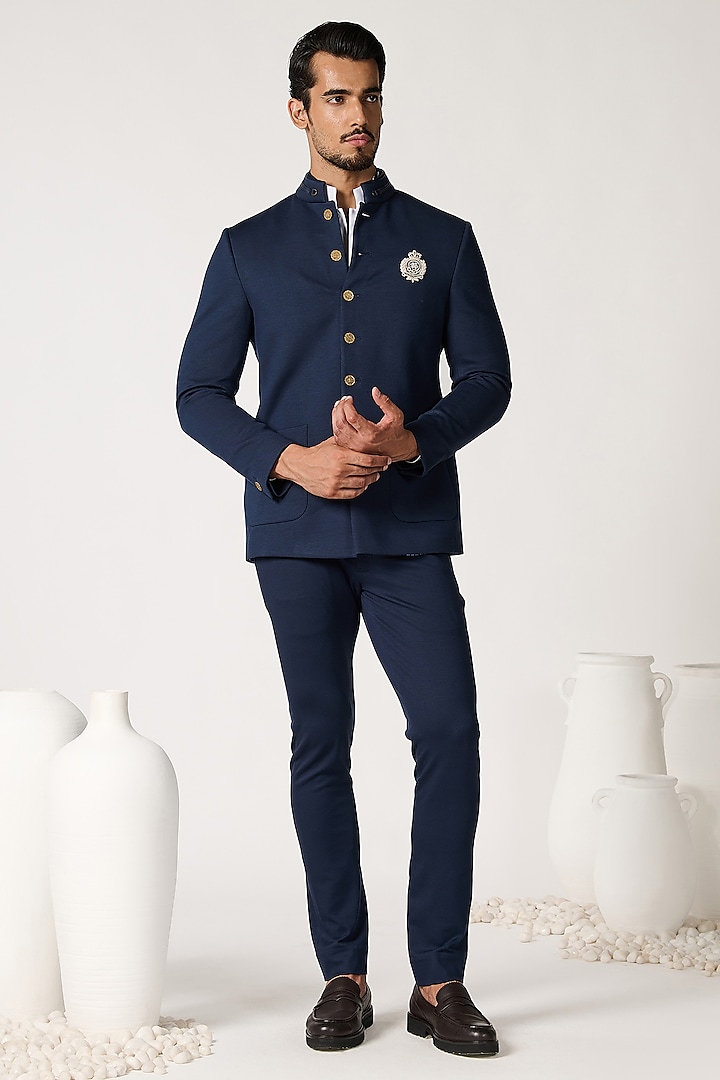 Navy Blue Rayon Nylon Blend Bandhgala by S&N by Shantnu Nikhil Men