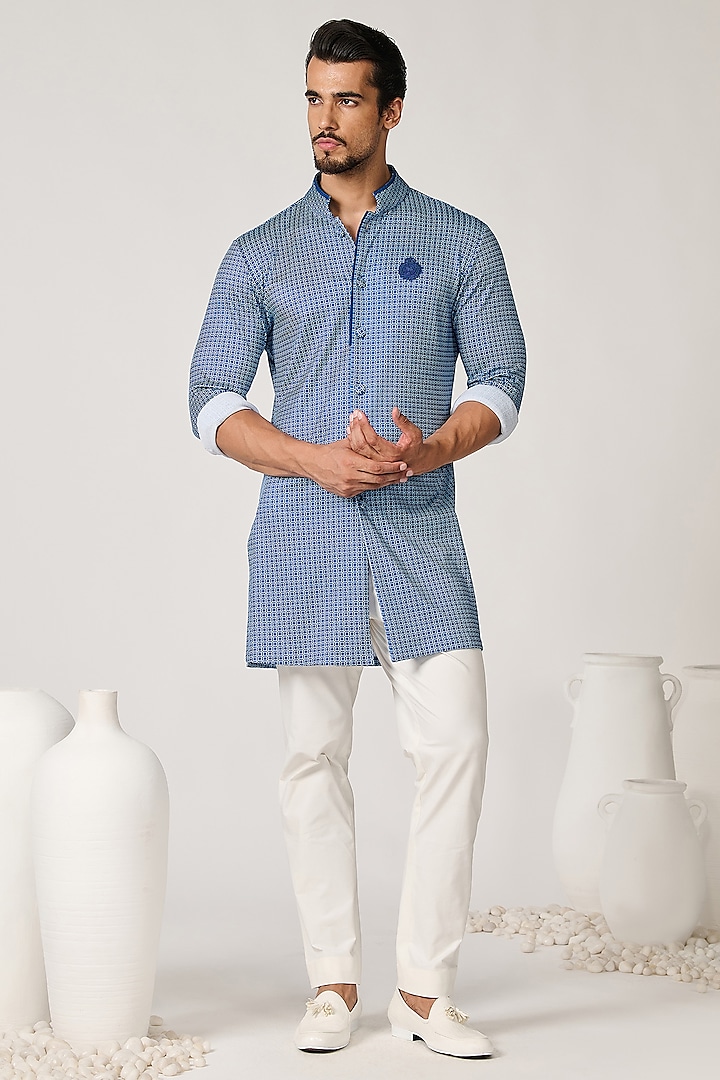 Blue Crepe Jersey Printed Kurta by S&N by Shantnu Nikhil Men at Pernia's Pop Up Shop