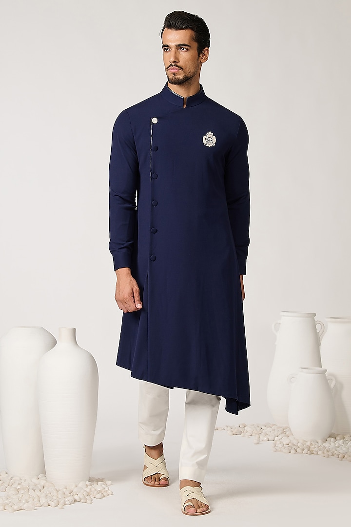 Navy Blue Rayon Blend Asymmetric Kurta by S&N by Shantnu Nikhil Men at Pernia's Pop Up Shop