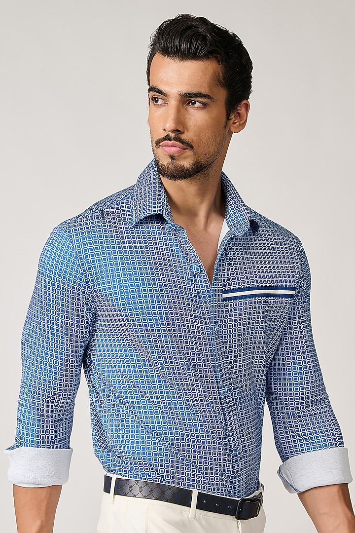 Blue Crepe Jersey Printed Wedding Shirt by S&N by Shantnu Nikhil Men at Pernia's Pop Up Shop