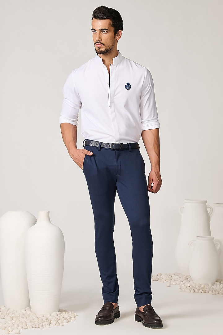 Navy Blue Rayon Nylon Blend Trousers by S&N by Shantnu Nikhil Men