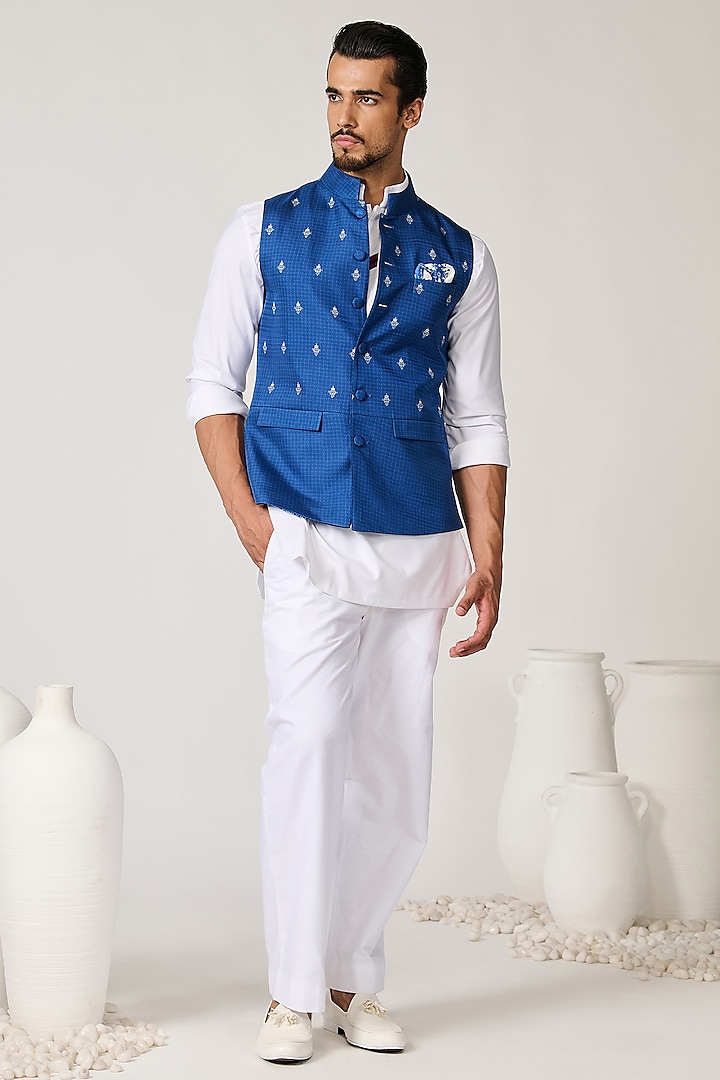 Blue Silk Twill Printed Waistcoat by S&N by Shantnu Nikhil Men at Pernia's Pop Up Shop