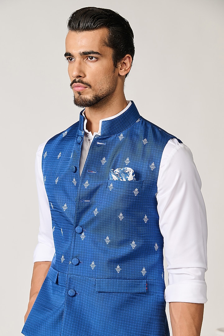 Blue Silk Twill Printed Waistcoat by S&N by Shantnu Nikhil Men at Pernia's Pop Up Shop