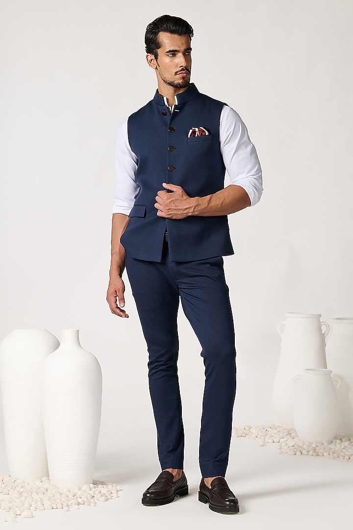 Navy Blue Rayon Nylon Blend Waistcoat by S&N by Shantnu Nikhil Men at Pernia's Pop Up Shop