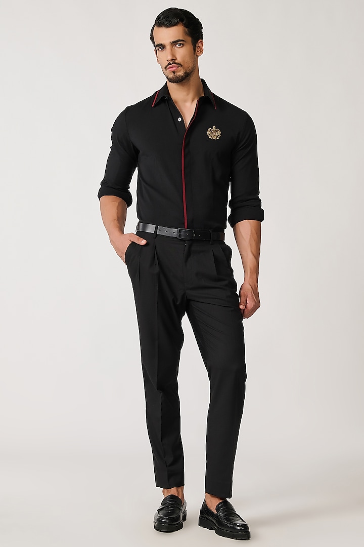 Black Terylene & Viscose Lycra Concealed Placket Shirt by S&N by Shantnu Nikhil Men